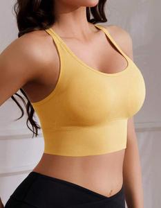 Top Deportivo Corto Acanalado Amarillo Transpirable con Logo Frontal, de Alta Sujeción y Sin Costuras para Yoga, Gimnasio y Entrenamiento - Product Image 1
