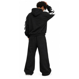 Survêtement noir de fabricant en gros, imprimé dessin animé motif flamme, manches longues, pantalon à cordon, 100% coton, streetwear, collection automne - Product Image 4