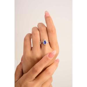 14K White Gold Pear Cut Blue Sapphire & Halo Diamond Ring - Product Image 4