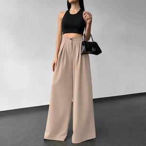 Pantalon large taille haute noir uni en satin, coupe ample, style minimaliste avec fermeture boutonnée, pour femme, collection Printemps - Product Image 6