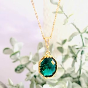 Emerald Necklace Set Cubic Zirconia 925 Sterling <b>Silver</b> 14K Gold Plated Posts Elegant Jewelry Gift For Women - Product Image 1