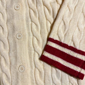 Custom Logo Women Cream <b>Cable</b> <b>Knit</b> <b>Cardigan</b> Sweater V Neck Burgundy Striped Trim Gold Buttons Varsity Preppy Fall Winter Apparel - Product Image 4
