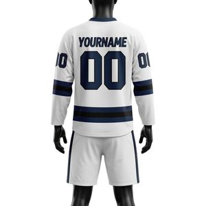 Ensemble short et maillot de hockey sur glace sublimé pour hommes, blanc et bleu marine, col en V, rayé, en polyester, tenue de sport pour équipe - Product Image 2