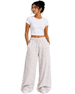 Customized <b>White</b> Paint Splatter Women Wide Leg Sweatpants High Waist Casual Streetwear Lounge Fleece Trousers With Pockets - Product Image 1