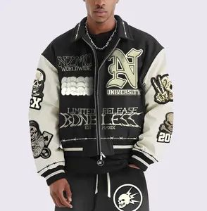 Blouson universitaire en cuir pour homme, tendance Y2K, pour sports d'hiver, style décontracté urbain, brodé, touche mode, 100% laine, vente en gros - Product Image 2