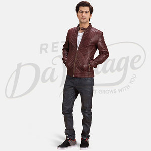 Chaqueta de Cuero Genuino Borgoña Premium para Hombre, Acolchada, Corte Ajustado, Estilo Biker, Cuello Alto, Prenda Exterior Casual y Elegante - Product Image 3