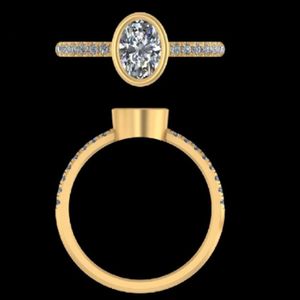 แหวนหมั้นขอบเพชรทรงรีพร้อมชุดแหวนแต่งงานตัววีโค้งสีเหลืองทองเครื่องประดับเจ้าสาว - Product Image 1