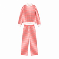 Nouvel ensemble décontracté tendance rayé rose clair à manches longues avec pantalon assorti, coupe ample, pull demi-zip en polyester/coton