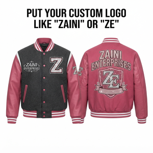 ZAINI ZE-143 <b>Mens</b> Varsity <b>Jacket</b> 420 GSM Wool Blend Body Faux Leather Sleeves <b>White</b> Black Custom Chenille Embroidery Windproof - Product Image 1