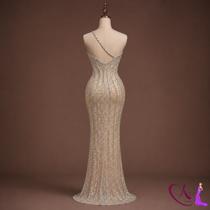 Vestido de noche largo estilo sirena con cuentas color champán |   Vestido de Fiesta de Diseño Hecho a Mano con un Solo Hombro Descubierto |   Ropa de Recepción Formal de Lujo - Product Image 2