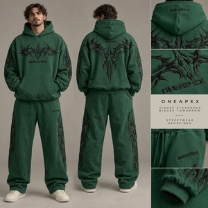 Conjunto Deportivo Verde para Hombre, Sudadera con Capucha Extra Grande y Pantalones Deportivos, Ropa Deportiva Urbana, Logotipo Bordado Personalizado, Algodón Grueso, Dos Piezas - Product Image 5