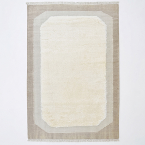 Tapis en laine DECORDEC, style moderne, tufté à la main, couleur ivoire, avec bordure géométrique beige, poils moyens, antidérapant, écologique - Product Image 1