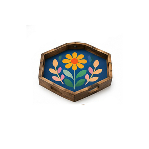 Hexagonal <b>Wooden</b> Serving <b>Tray</b> With Floral Pattern Painted Finish And Handle For Residential Use - Product Image 1