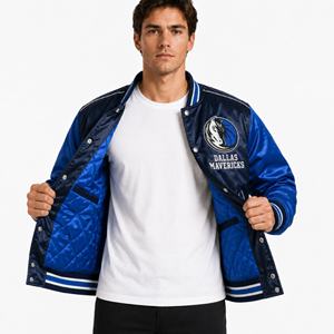 Vestes universitaires en satin pour hommes, inspirées de l'équipe de basketball de Dallas, bleu marine et bleu roi, broderie personnalisée, fournisseur en gros, tenue tendance - Product Image 4