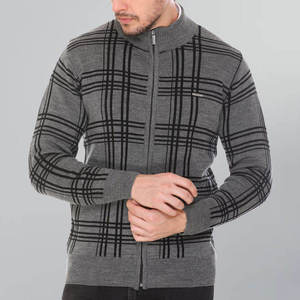 Custom Men's Knitted Plaid Zipper Sweater Full Sleeve Autumn Pullover Regular Fit Gray <b>Black</b> Pattern - Product Image 5