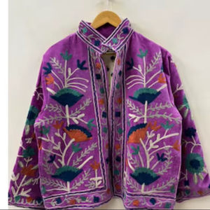Bohemian Floral Embroidered Velvet Jacket Windproof and Breathable Suzani Overcoat Winter Knitted Short <b>Coat</b> - Product Image 1