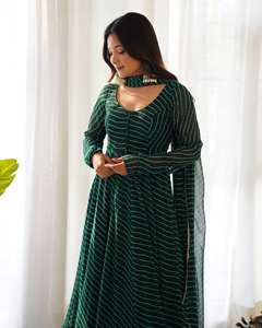 Robe Anarkali élégante pour soirée avec imprimé Laheriya et manches Churidar - Product Image 5