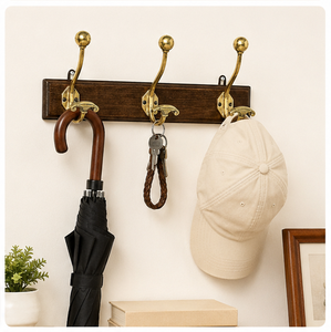 Porte-manteau mural en laiton antique et bois massif, 3 crochets, robuste, pour l'entrée, idéal pour la décoration de maison de luxe, au meilleur prix - Product Image 2