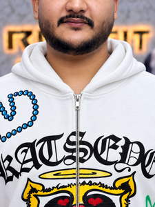Sudadera con capucha blanca con cremallera para hombre Rexfit 2025, estilo urbano oversize, diseño de dibujos animados con estampado completo, puños y cintura acanalados con cremallera. - Product Image 3