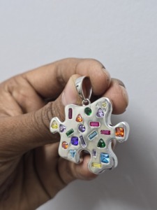 <b>Puzzle</b> Shape 925 Silver Gold Plated Pendant with Multicolor Gemstones Bezel Set Trendy Unisex Charm Everyday Wear - Product Image 4