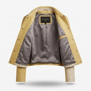 Mustard Yellow Cream Two Tone <b>Womens</b> Genuine Leather Trucker <b>Jacket</b> Curved Colorblock Panel Snap Front Retro Streetwear Coat - Product Image 5