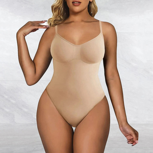 Women One Piece Shapewear Bodysuit Crossed Halter <b>Tummy</b> <b>Control</b> Ribbed Seamless White Spandex Nylon Thong Bottom - Product Image 6