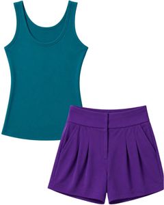 Manufacturer Teal Tank <b>Top</b> With Purple Shorts Women Summer Casual Two Piece Lounge Wear Outfit Set Soft Stretch Fit Outfit - Product Image 1