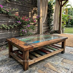 Rustic Solid Wood Durable Eco-Friendly Handmade <b>Coffee</b> <b>Table</b> Storage Glass Top Antique Finish Indoor Outdoor Living Room - Product Image 5