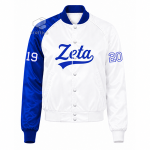 Veste universitaire en satin contrastant bleu et blanc pour femmes de la sororité Zeta Phi Beta, avec boutons pression sur le devant, col et poignets en tricot côtelé, style universitaire - Product Image 1
