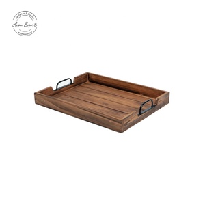 Handcrafted wooden tray with black <b>iron</b> handles durable and stylish ideal for serving drinks breakfast snacks or decor use - Product Image 1