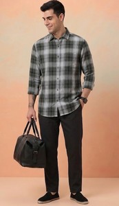 Camisa Casual de Franela de Algodón a Cuadros Gris y Negro para Hombre, de Doble Botonadura, Manga Larga, Cuello Clásico, Transpirable, Estilo Veraniego - Product Image 1