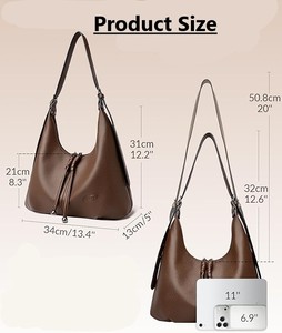 Bolso hobo de cuero genuino para mujer, cierre con cordón, estilo clásico, correa de hombro marrón, ligero, para uso diario, 34 cm x 21 cm, en venta - Product Image 1