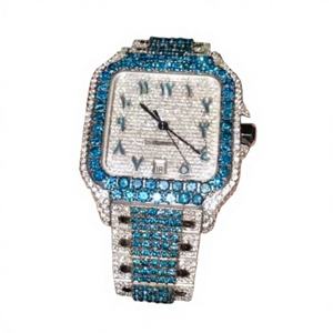 Montre de luxe vintage hip-hop à mouvement mécanique, cadran entièrement serti de diamants, boîtier et bracelet ornés de pierres bleues, style moderne urbain - Product Image 1