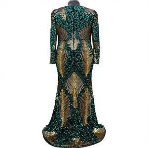 Women's Luxury <b>Emerald</b> Green Sequin Mermaid Gown, Long Sleeve Geometric Pattern Formal Evening <b>Dress</b> - Product Image 2