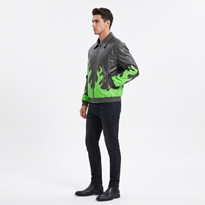 Dumela Men's White Genuine Bomber Jacket Blue Flame Print <b>Turn</b>-down Collar Single <b>Button</b> Closure Autumn Moto Style Quick Dry - Product Image 5