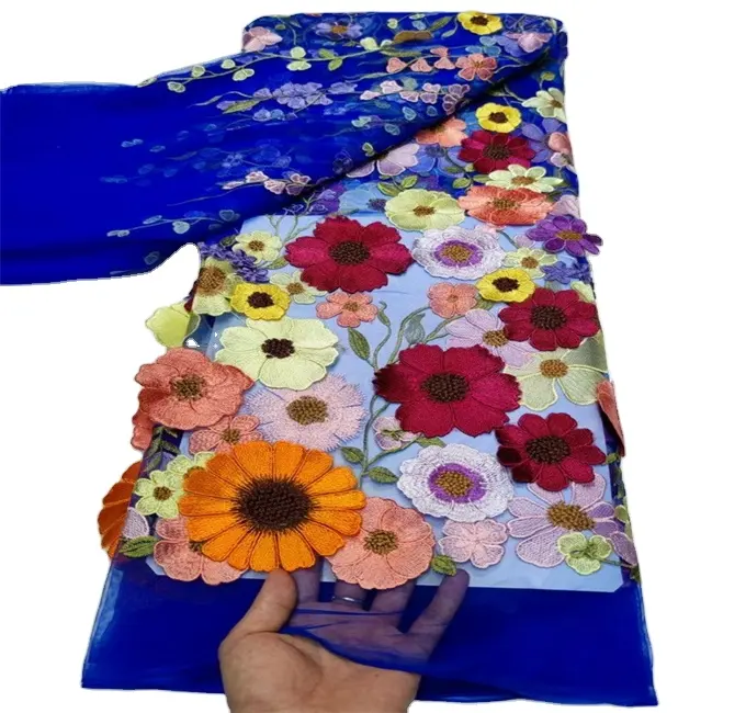 नवीनतम 3D फ्रेंच फीता कपड़े नीले रंग कढ़ाई फूल tulle फीता कपड़े के लिए कपड़े