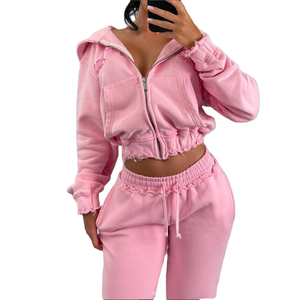 Popular Design Custom made <b>Pink</b> Distressed Zip Hoodie Women <b>Tracksuits</b> Workout Joggers Sets Women Two Piece Women's sets - Product Image 2