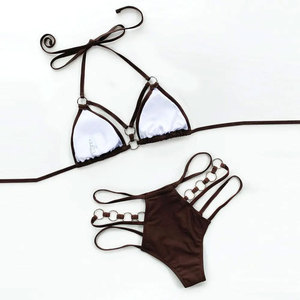 Women's Brown <b>Crossed</b> Halter Bikini Set Hollow Mesh Side Detail Cheeky Bottom Spandex Polyester Breathable Drawstring Two Piece - Product Image 5