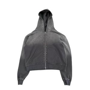 Costumes de sport personnalisés, survêtement délavé à l'acide, sweat à capuche zippé avec strass et pantalon de survêtement évasé, ensemble de survêtement de haute qualité - Product Image 3