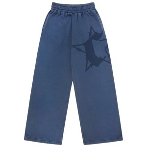 Unisex Blue Cotton Tracksuit <b>Pants</b> With Geometric Print Elastic Waist Loose Fit Full Length Casual Wear For Adults Street Style - Product Image 1