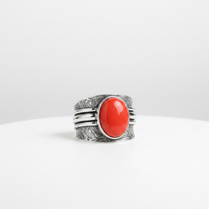 Manmade Coral <b>Ring</b> Vintage Wide Band Silver Plated Bohemian Jewelry - Product Image 5