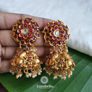 24K Gold Plated Pearl Stud Jhumka Earrings-Ethnic Religious Charm Earrings - Product Image 2
