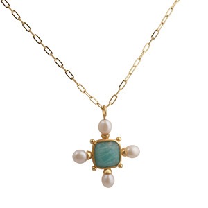 Collier pendentif en amazonite plaqué or - Collier ajustable avec croix en perle d'eau douce, bijoux pour elle - Product Image 3
