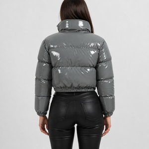 OEM Custom Logo Winter Puffer Crop Style <b>Grey</b> Shine <b>Jacket</b> Women Hooded Down Coat <b>Waterproof</b> Windproof Thermal Outerwear - Product Image 3