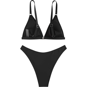 Conjunto de Bikini Negro Sólido, Traje de Baño Minimalista Atemporal, Diseño Recortado de Cintura Alta, Estilo Deportivo Chic para Mujer - Product Image 4