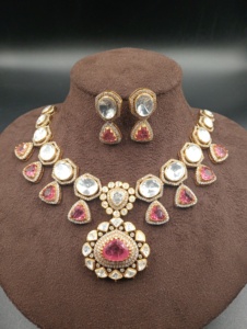 Amaira Jewels Gold Plated <b>Silver</b> Polki Stone <b>Necklace</b> and Earring <b>Set</b> Women's Wedding Classic Floral Design Jewelry - Product Image 3