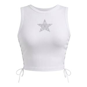 Top corto acanalado blanco con estrella de diamantes de imitación y cordones, ajustado, para mujer, estilo camisola, ropa de calle, top de verano - Product Image 1