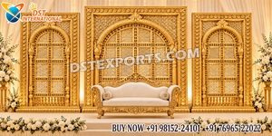 Cadre/panneaux de toile de fond de mariage en bois style palais, luxe doré, sculpté en 3D, arche de toile de fond de mariage en bois, décor de scène paon - Product Image 3