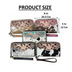 Handmade Stylish Hair on Cowhide <b>Leather</b> Long Wallet Purse <b>Tooled</b> <b>Leather</b> Eagle Design Zip Around Wristlet Clutch for Women's - Product Image 2