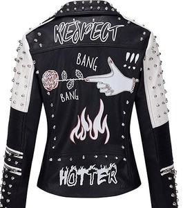 Women Punk Genuine Leather Moto <b>Jacket</b> Relaxed Fit Stoned Design Premium Leather Breathable Winter Full Sleeve Cafe Racer Style - Product Image 1